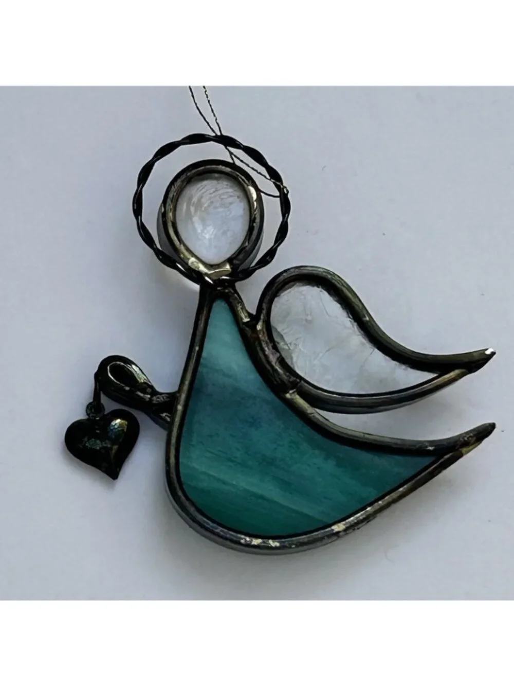 Vintage Stained Glass Angel Ornament Suncatcher Green w/ Hanging Heart 2.75